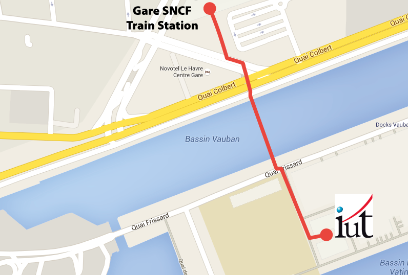 iut_gare - Prendre Cours de la République et continuer sur 130m
- Prendre à gauche Cours La Fayette et continuer sur 179m
- Prendre à droite Quai Colbert et continuer sur 72m
- Traverser la Passerelle Hubert-Raoul Duval et continuer sur 145m
- Arrivé Quai Frissard, traverser la route et continuer tout droit sur 20m